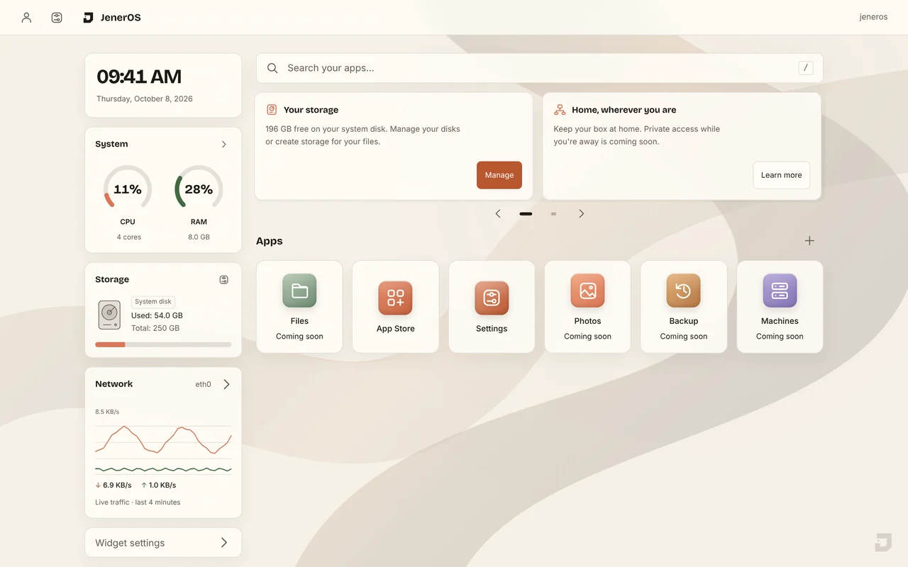 The JenerOS dashboard: a clock, CPU and memory rings, disk use and a network graph on the left, notices and app tiles on the right.